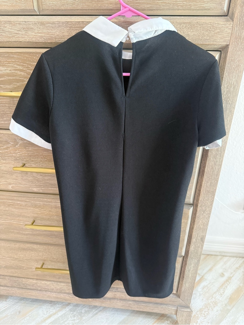 Black Mini Dress with White Collar and Pearl Accents - Picture 2 of 3